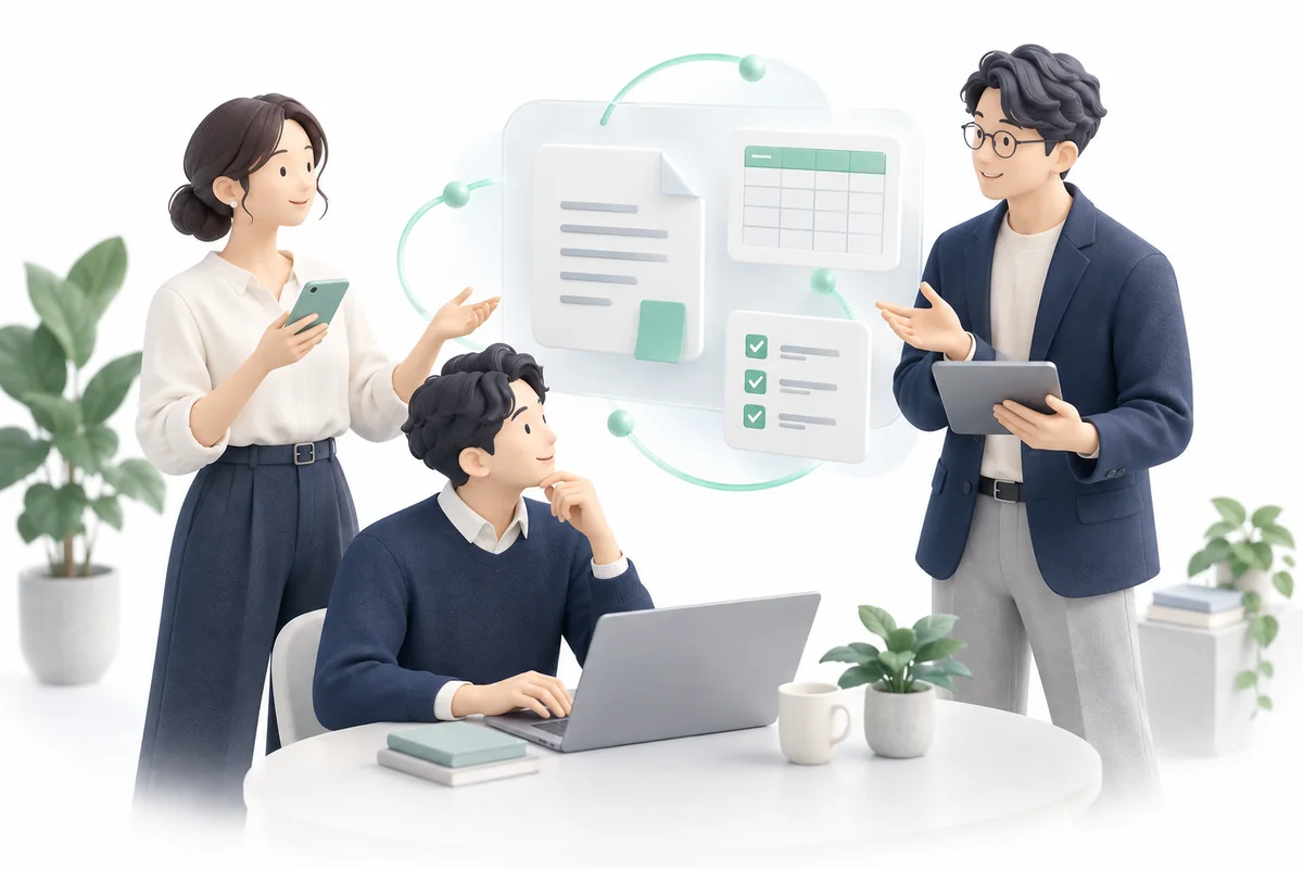 スマホやパソコンを使う3人のメンバーが、一つの仕事の窓口を共有するイメージ